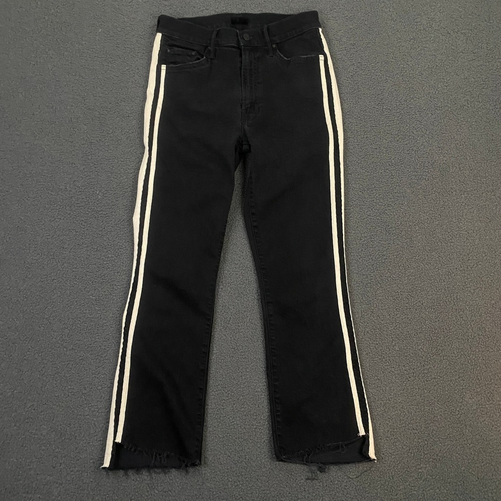 Mother Insider Crop Step Fray Jeans Women 27 Black Guilty Racer Side Stripe Edgy